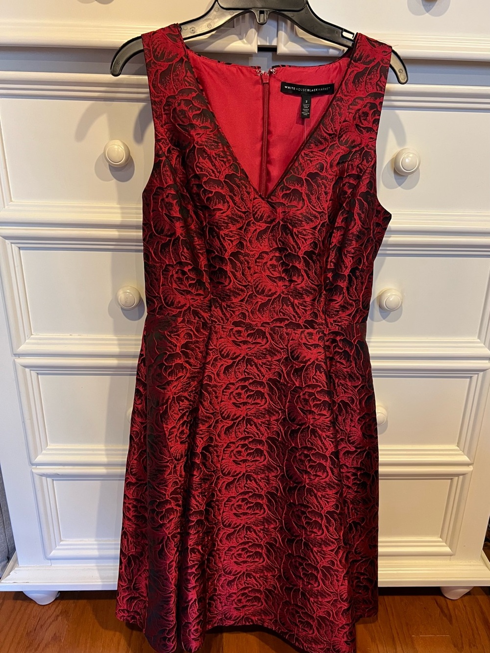 White House Black Market Red and Black Floral Jacquard V-Neck Dress With Pockets